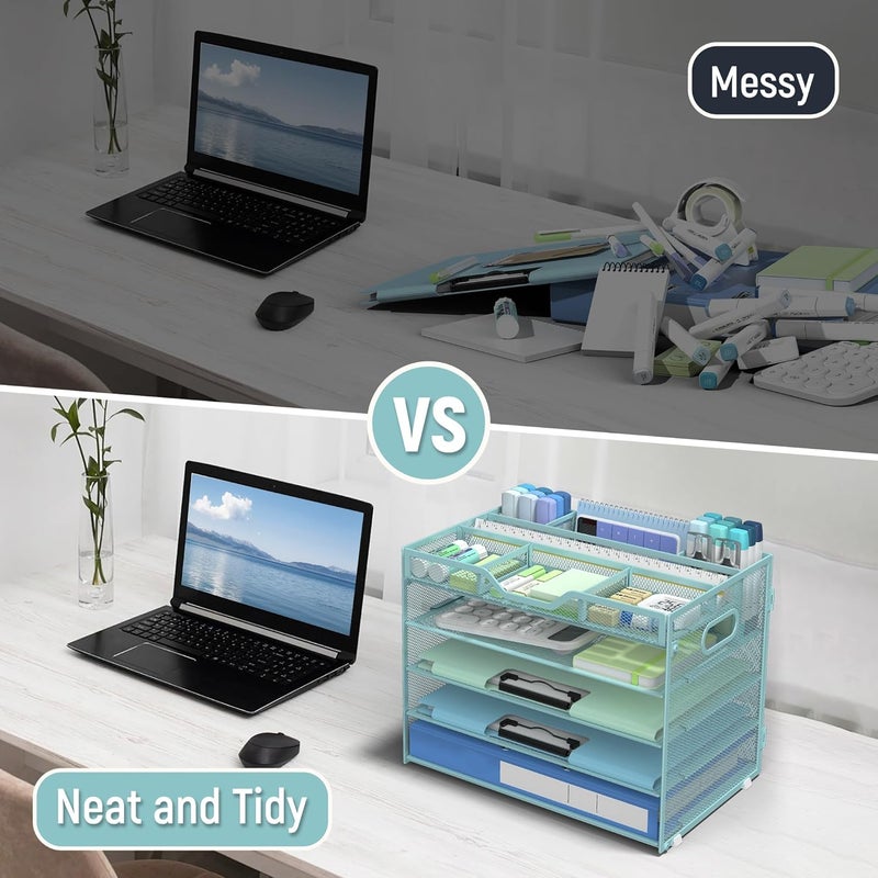 Docnest 5 Tier Mesh Desk Organizer- Letter Tray with Adjustable Compartments, Mesh Desktop Storage Built in Pen Holder and Handles, Desk Organizer Tray for Mail Documents Office Supplies-Blue - Image 2